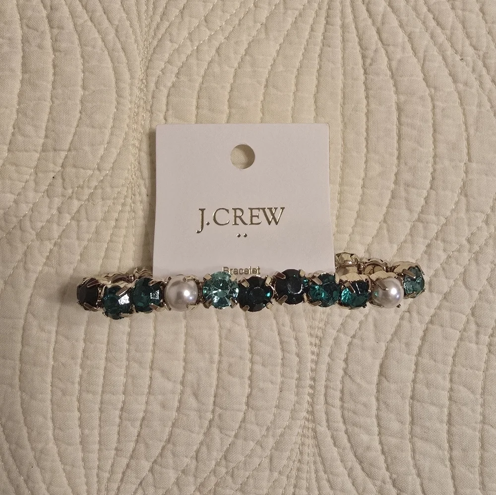 NWT J. Crew Ladies Dark Green Crystal And Pearl Stretch Bracelet